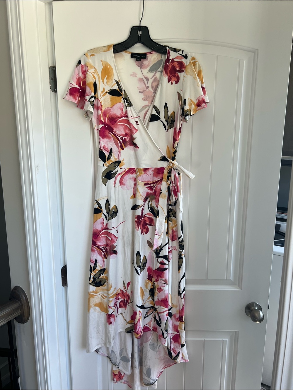 Floral Wrap High-Low Dress in White with Pink & Mustard - Womens